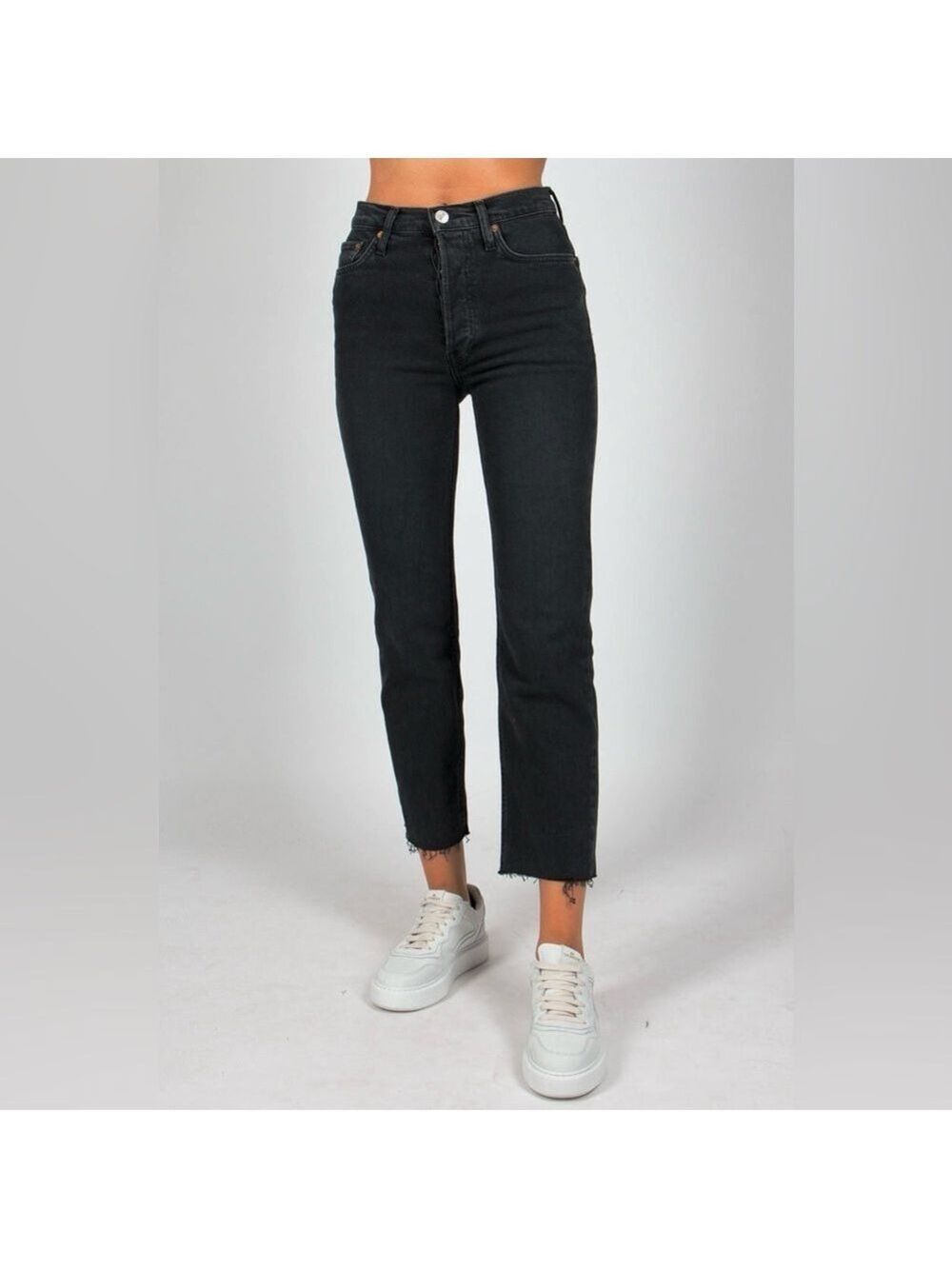 RE/DONE High Rise Button Fly Raw Hem Slim Straight Jeans Washed Black size 27